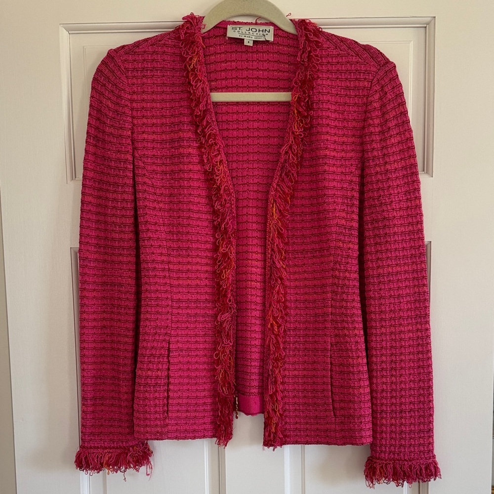 St. John Hot Pink Fringe Trim Knit Blazer